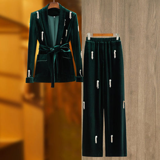 100058 XXL 2024 Style Women'S Two Piece Spring Summer Long Sleeve Long Pants Beads Black Green Empire Lapel Neck Oushali