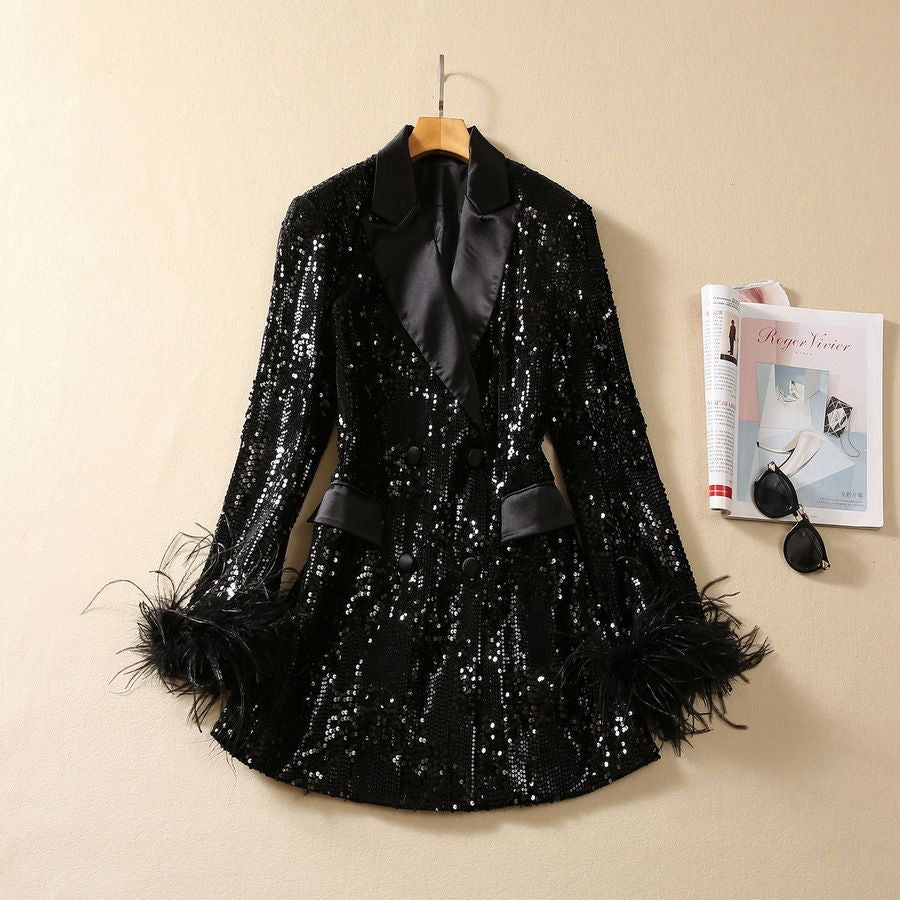 1012 2023 Autumn Milan Runway Coat Jackets Long Sleeve Lapel Neck Black Sequins High Quality Button Fashion Womens Clothes Sh