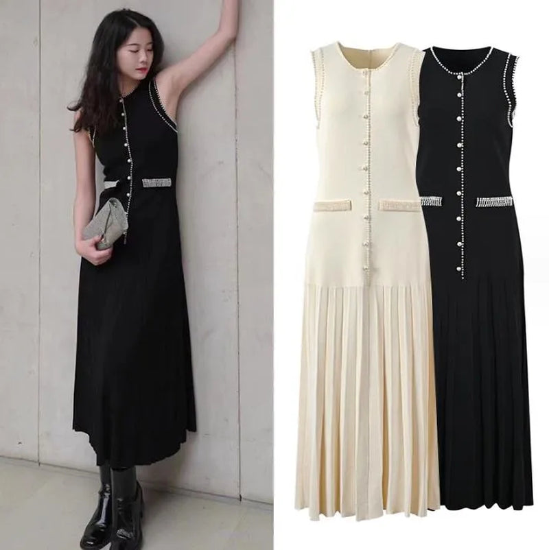 1007 XL 2024 Runway Dress Spring Summer Dress Crew Neck Sleeveless White Black Brand Same Style Womens Dress Fashion High Quality YL