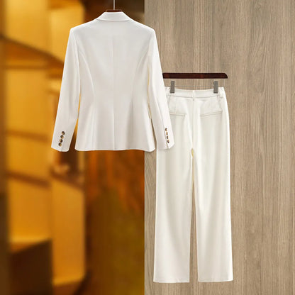 100058 XXL 2024 Style Women'S Two Piece Spring Summer Long Sleeve Long Pants White Beads Empire Lapel Neck Oushali