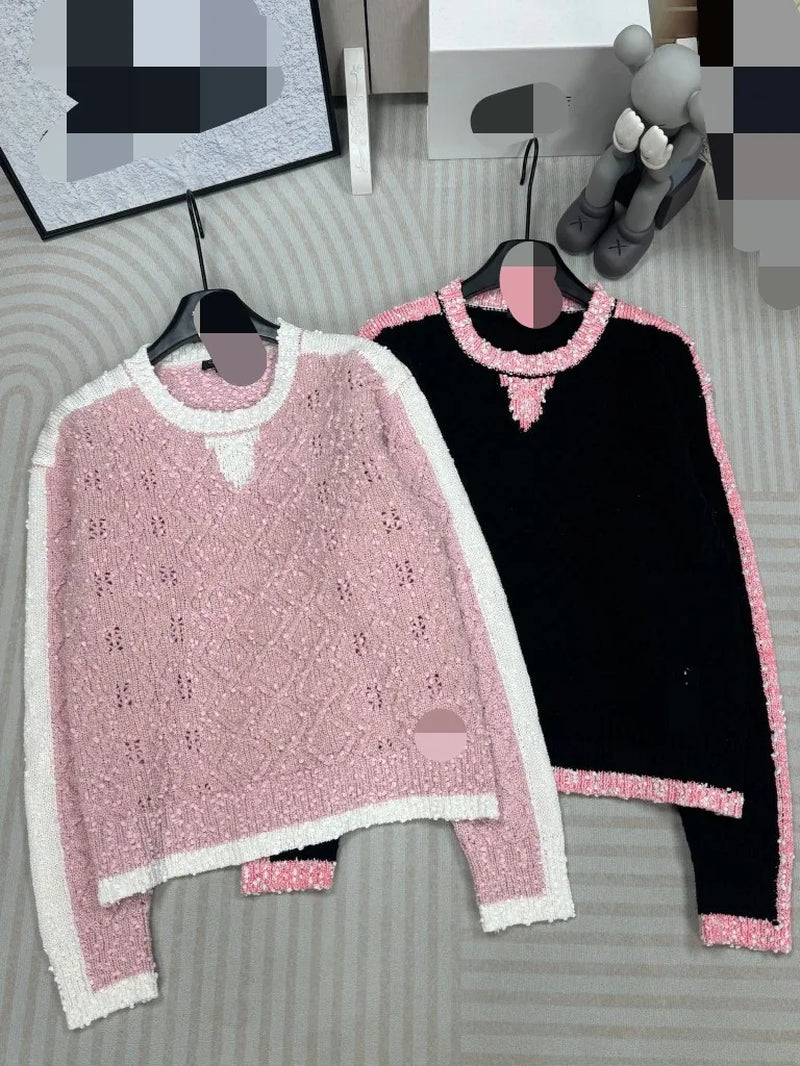 3012 2024 Runway Spring Summer Brand Same Style Sweater Pink Black Long Sleeve Crew Neck Womens Clothes High Quality Womens Qian