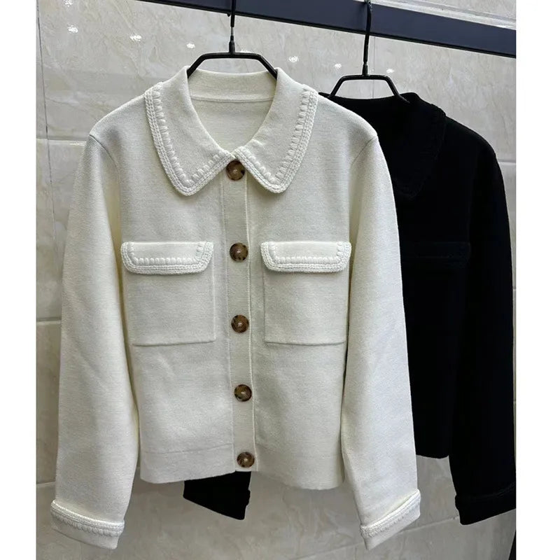 608 2024 Runway Spring Summer Brand Same Style Sweater Long Sleeve Lapel Neck Black White Cardigan Fashion Womens Clothes High Quality Womens Renjie