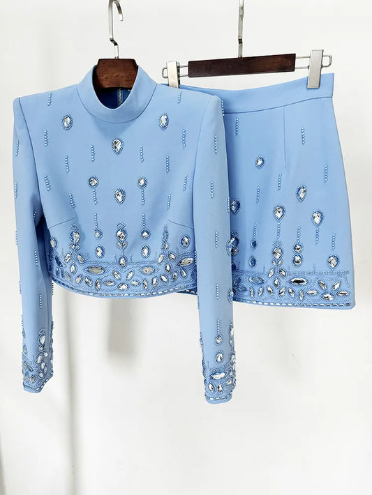 New Designer Luxury Two Piece Sets for Women Long Sleeve Stand Collar Rhinestones Beading Tops Mini Short Skirt Sexy 2 Pieces Set Runway Suits Outfit JL72607