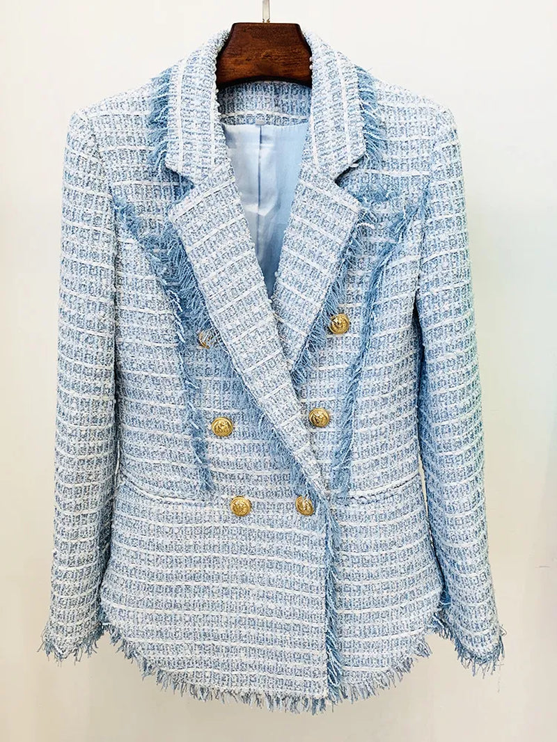 801 XXL 2024 Milan Runway Autumn Women'S Outwear Long Sleeve Coat Button Tweed Blue Fashion Clothes Womens Oulaidi