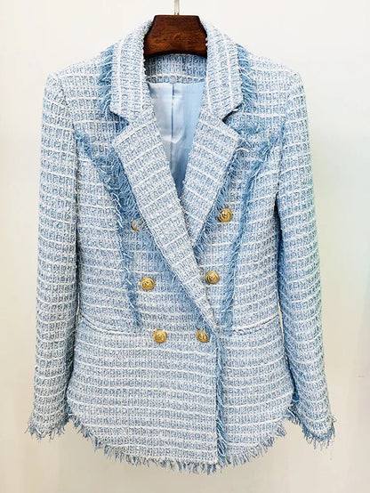 801 XXL 2024 Milan Runway Autumn Women'S Outwear Long Sleeve Coat Button Tweed Blue Fashion Clothes Womens Oulaidi