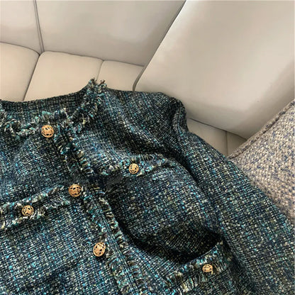 1012 2023 Autumn Milan Runway Coat Jackets Long Sleeve Crew Neck Green Tweed High Quality Button Fashion Womens Clothes Balig23100458