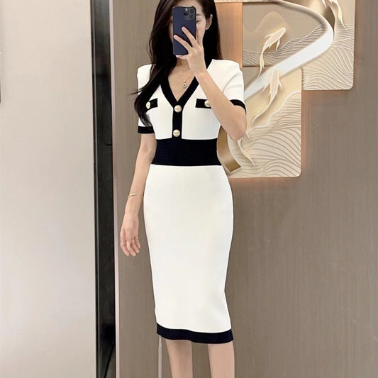 527 2024 Milan Runway Spring Summer Dress Black Pink Short Sleeve Brand Same Style Empire Womens Fashion High Quality Duoyi