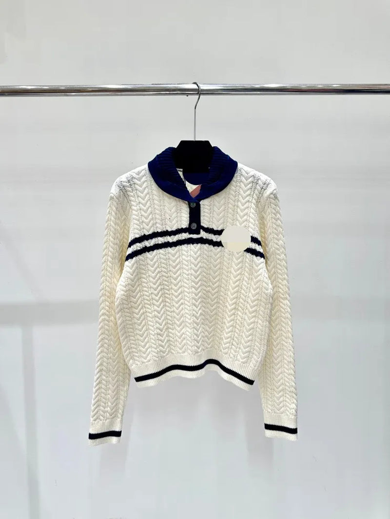 106 2024 Spring Autumn Brand Same Style Sweater Long Sleeve White Blue Lapel Neck Womens Clothes High Quality Womens Shun