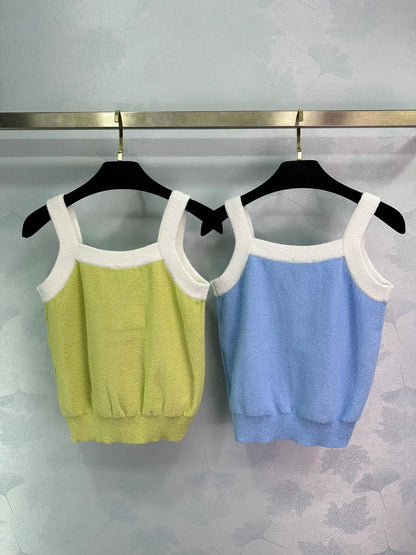 606 2024 Runway Spring Summer Brand Same Style Sweater Blue Yellow Sleeveless V Neck White Cardigan Fashion Womens Clothes High Quality Womens G641