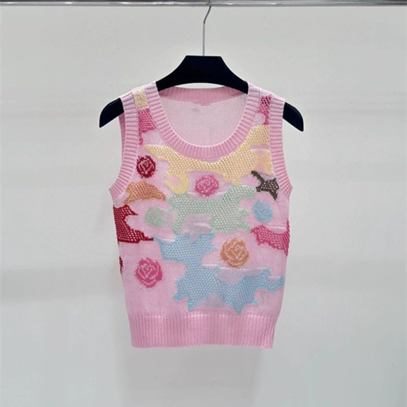 513 2024 Runway Summer Brand Same Style Sweater White Pink Sleeveless Crew Neck Womens Clothes High Quality Womens Qian