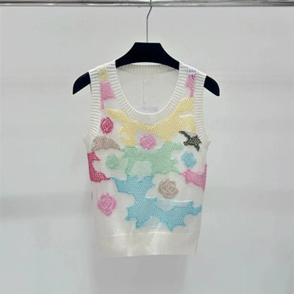 513 2024 Runway Summer Brand Same Style Sweater White Pink Sleeveless Crew Neck Womens Clothes High Quality Womens Qian