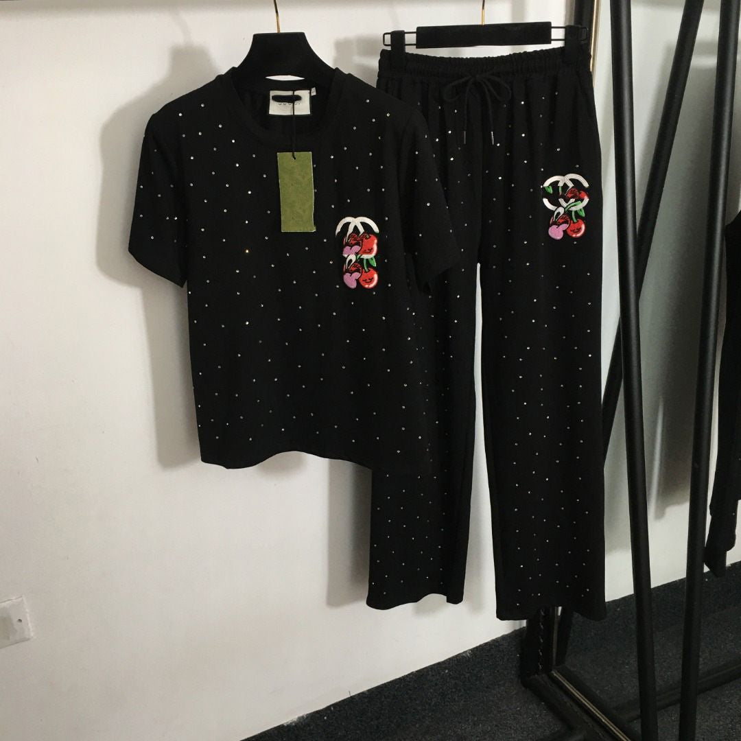 414 2024 Spring Summer Two Pieces Sets Pants Black White Empire Short Sleeve Empire Long Pants Flora Print 20234134