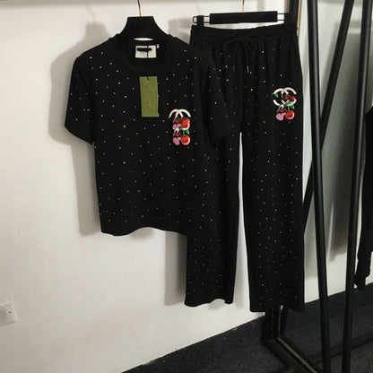 414 2024 Spring Summer Two Pieces Sets Pants Black White Empire Short Sleeve Empire Long Pants Flora Print 20234134