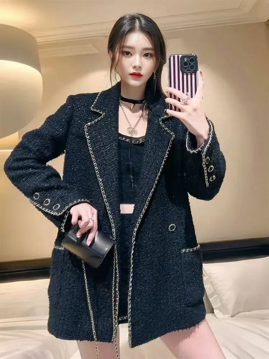 Chains Jacket plus Size Black Long Style Coats