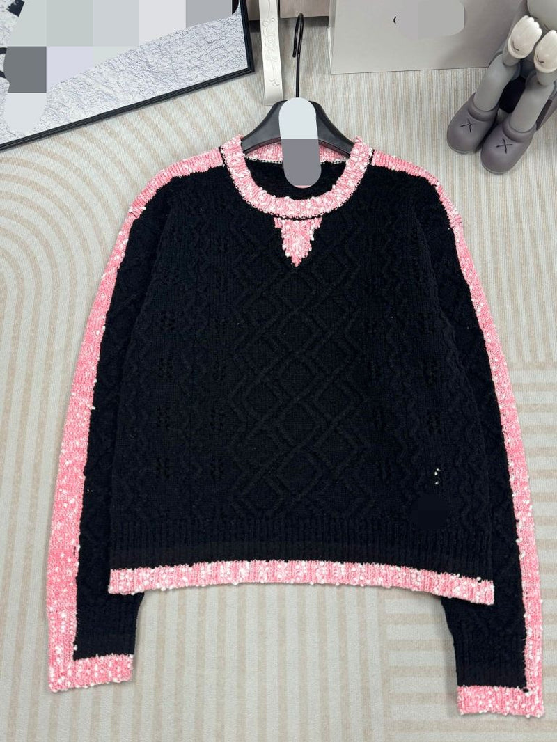 3012 2024 Runway Spring Summer Brand Same Style Sweater Pink Black Long Sleeve Crew Neck Womens Clothes High Quality Womens Qian