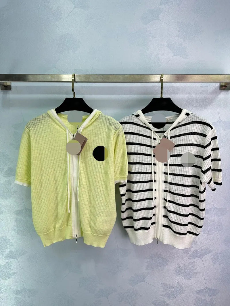 516 2024 Runway Summer Brand Same Style Sweater Yellow White Short Sleeve Hooded Fashion Clothes High Quality Womens F664