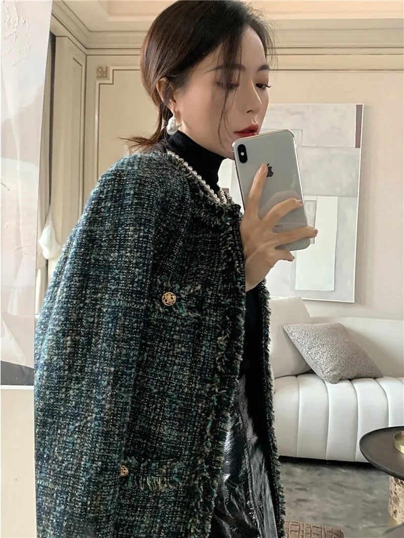 1012 2023 Autumn Milan Runway Coat Jackets Long Sleeve Crew Neck Green Tweed High Quality Button Fashion Womens Clothes Balig23100458