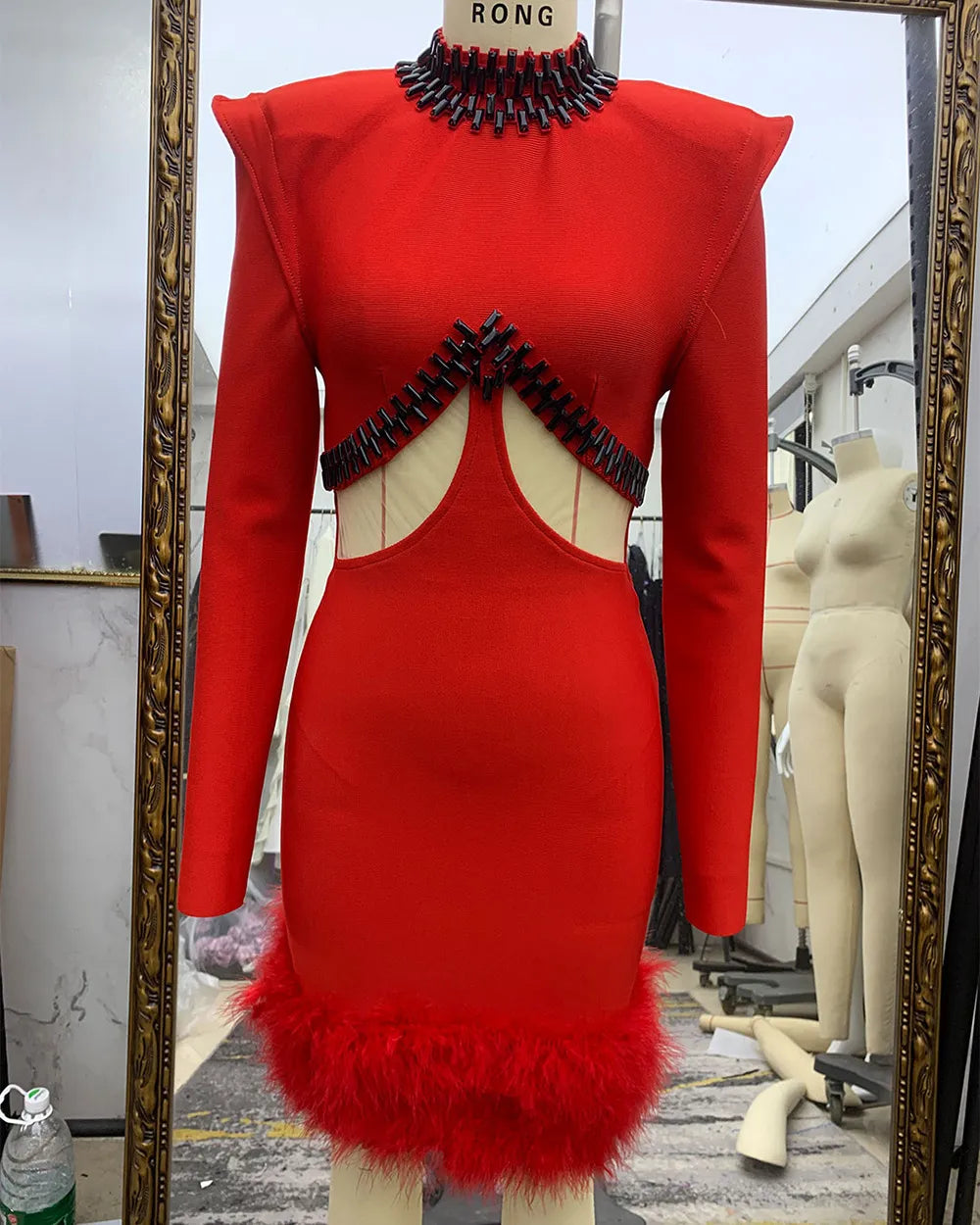 10061 L 2024 Runway Dress Spring Summer Dress Bandage Dress Crew Neck Long Sleeve Red Brand Same Style Womens Dress Fashion High Quality Mefei