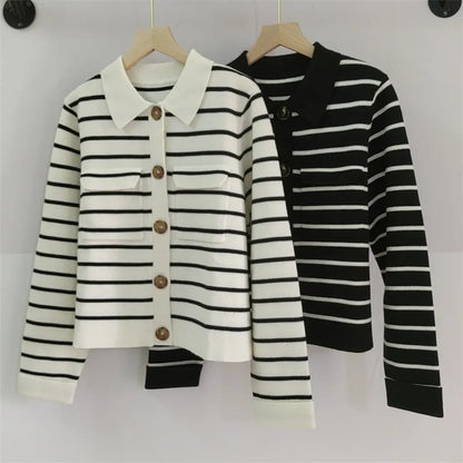 601 2024 Runway Spring Summer Brand Same Style Sweater Long Sleeve Lapel Neck Black White Cardigan Fashion Womens Clothes High Quality Womens Renjie