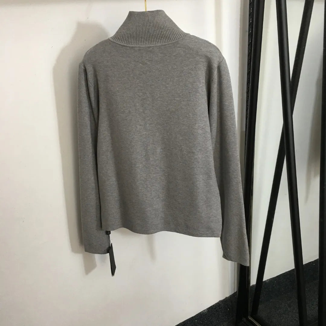 108 2024 Spring Autumn Brand Same Style Sweater Long Sleeve Gray Blue Lapel Neck Womens Clothes High Quality Womens 20238538