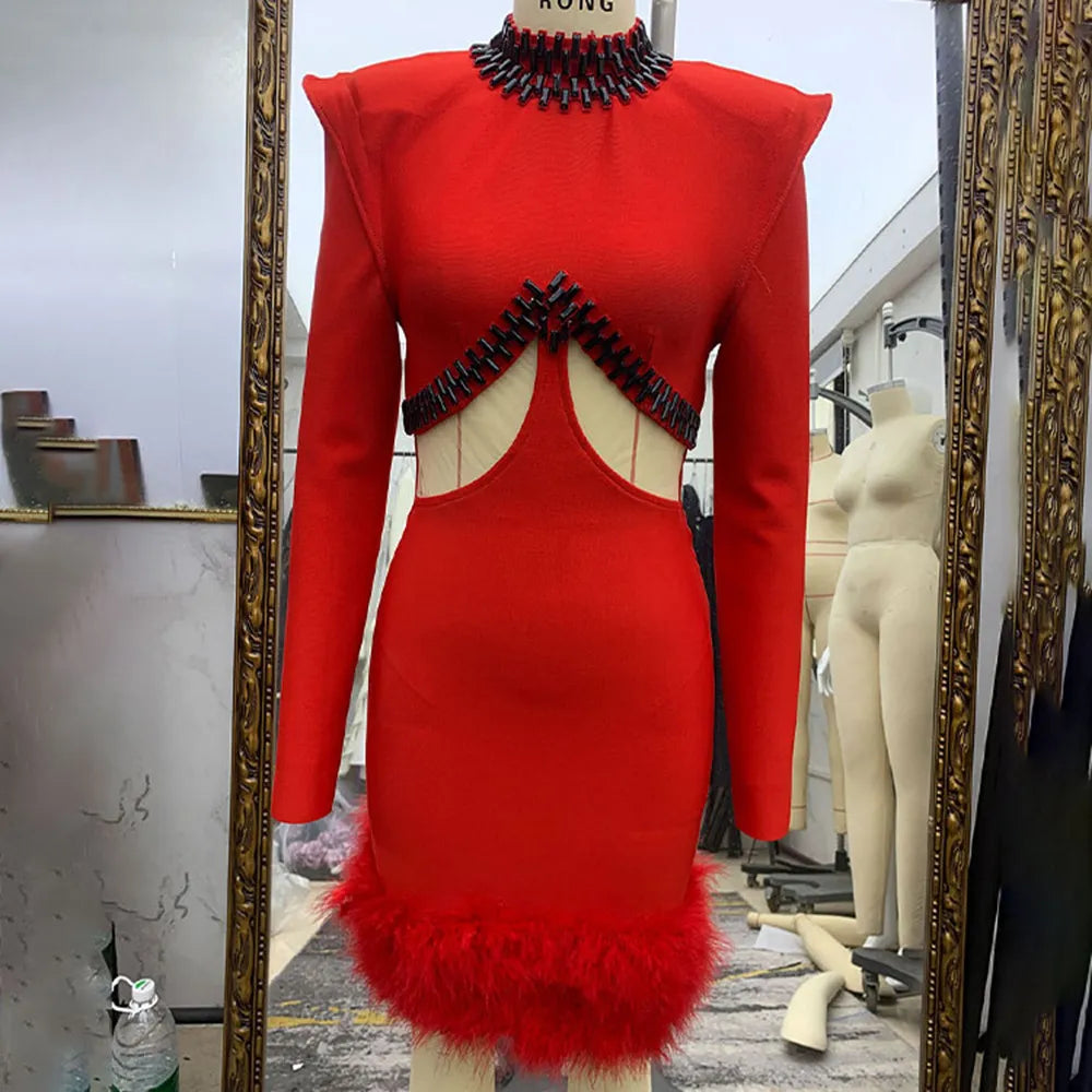 10061 L 2024 Runway Dress Spring Summer Dress Bandage Dress Crew Neck Long Sleeve Red Brand Same Style Womens Dress Fashion High Quality Mefei