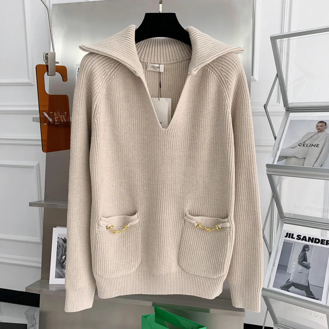 1117 2022 Milan Runway Spring Brand Same Style Sweater Long Sleeve High Quality Pullover Lapel Neck Fashion Khaki Striped Clothes Womens Meiyi