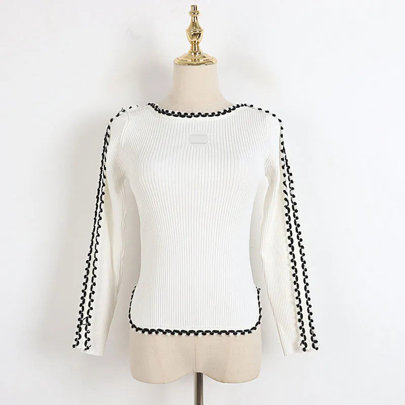 111 2022 Runway Autumn Brand Same Style Sweater Long Sleeve Kint Crew Neck Pullover Black White Fashion Clothes High Quality Womens DL