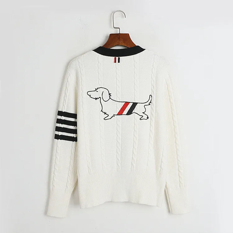 Free Shipping 2024 Autumn V Neck Long Sleeves Black/White Dog Embroidery Cardigans Women Knits Sweater Women Cardigans 80713