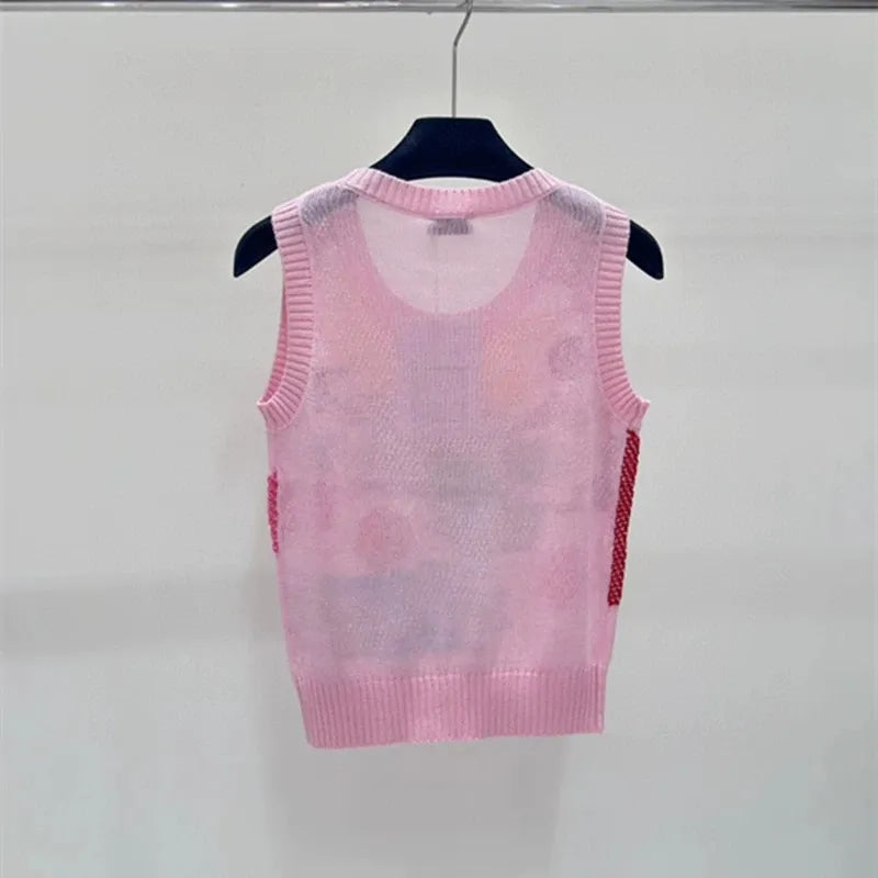 513 2024 Runway Summer Brand Same Style Sweater White Pink Sleeveless Crew Neck Womens Clothes High Quality Womens Qian