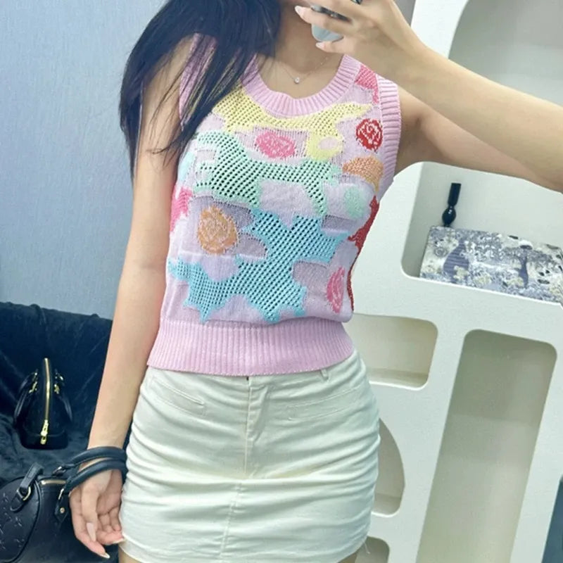 513 2024 Runway Summer Brand Same Style Sweater White Pink Sleeveless Crew Neck Womens Clothes High Quality Womens Qian