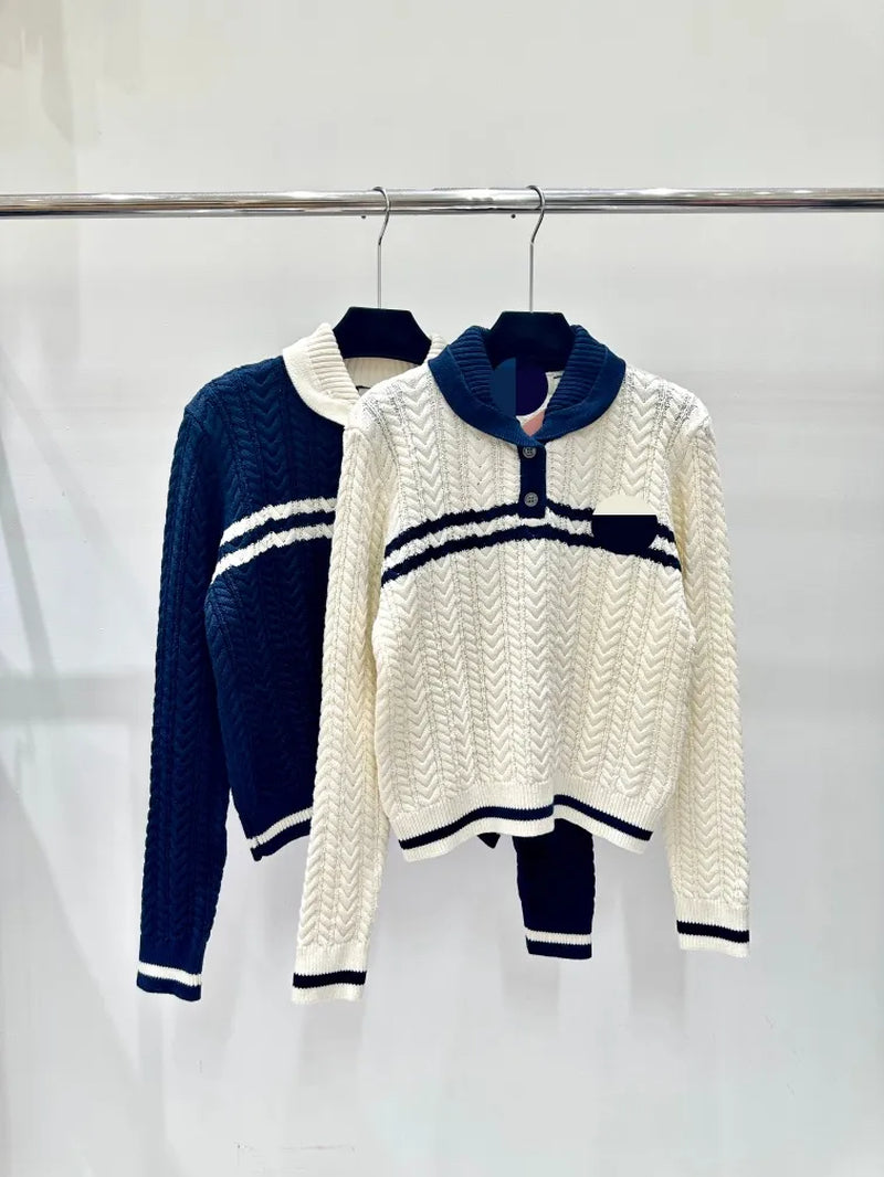 106 2024 Spring Autumn Brand Same Style Sweater Long Sleeve White Blue Lapel Neck Womens Clothes High Quality Womens Shun