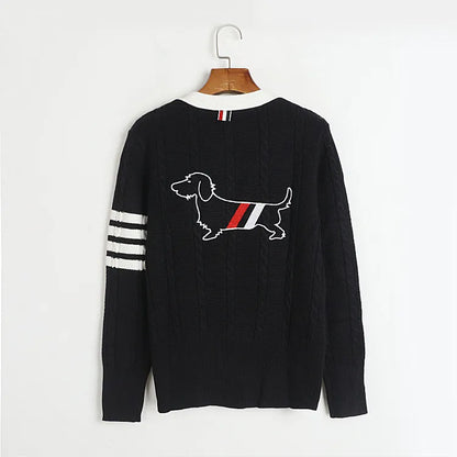 Free Shipping 2024 Autumn V Neck Long Sleeves Black/White Dog Embroidery Cardigans Women Knits Sweater Women Cardigans 80713